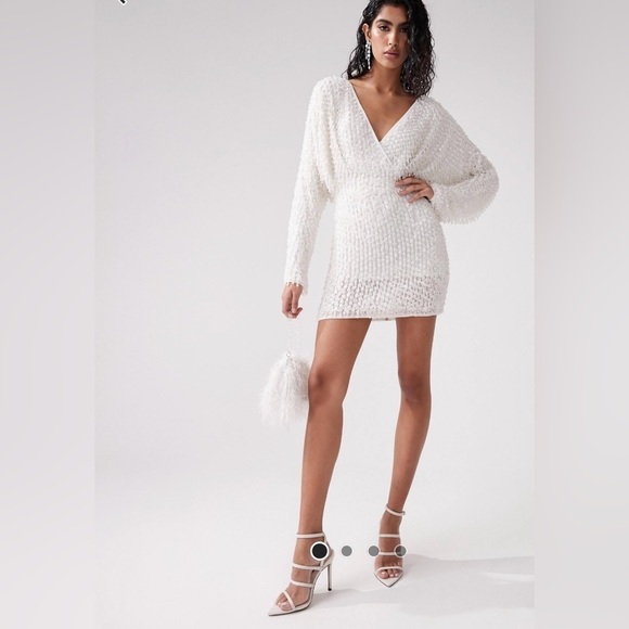 NWT ASOS DESIGN batwing embellished drip bead wrap mini dress in white SIZE 2 - Picture 9 of 16
